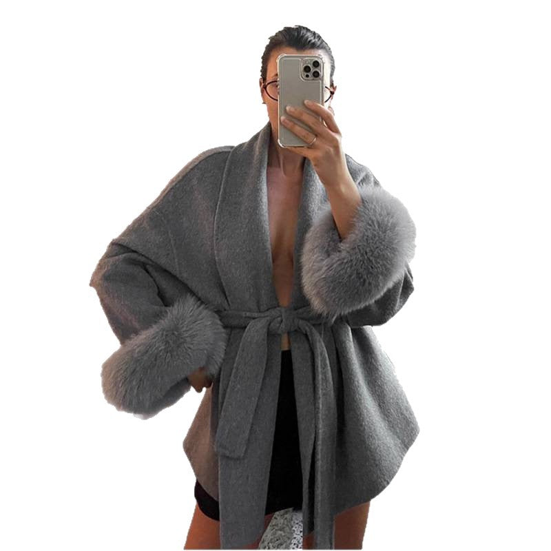 Solid color lace-up splicing wool cuffs woolen jacket