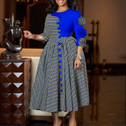 Temperament elegant round neck seven-quarter sleeve print splicing dress