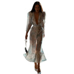 Printed V-Neck High Waist Split Bubble Sleeve Dress