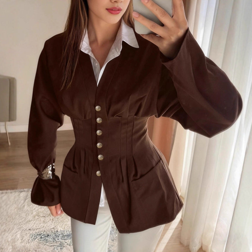 Slim fitting brown long-sleeved shirt with waist
