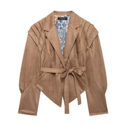 Suede slim jacket with waist straps