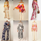 Printed Crew Neck Loose Bat Sleeve Waist Wide Leg Pants Fashion Suit