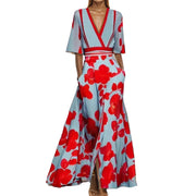 Temperament V-neck printed strap-up large skirt dress