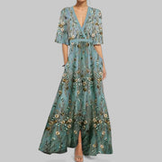 Temperament V-neck printed strap-up large skirt dress
