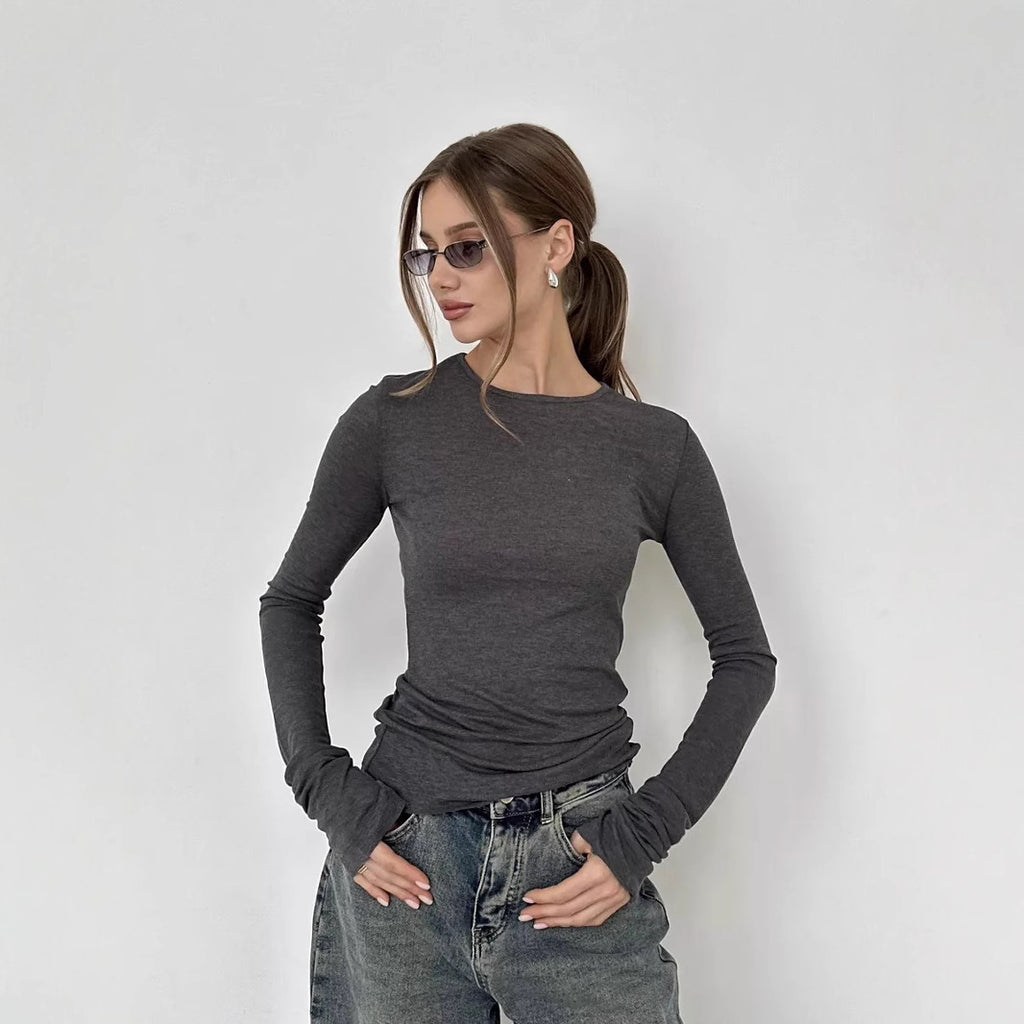 Solid Color Fashion Slim Fit Round Neck Flared Long Sleeve Top