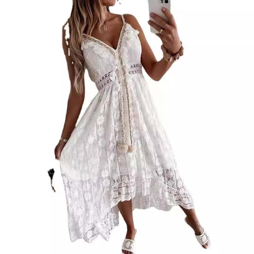 Lace suspender pendulum solid color dress