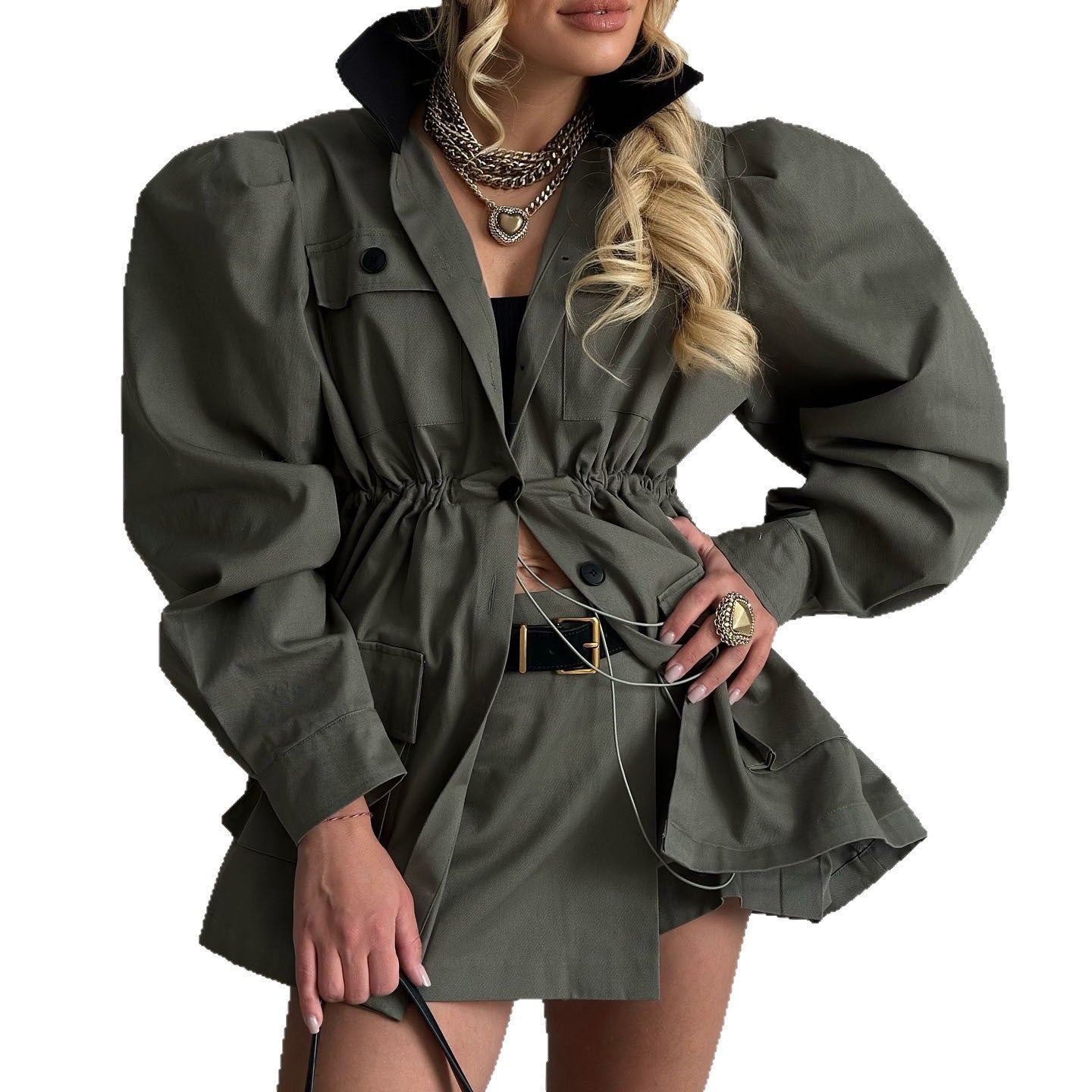 Stand up collar multi-pocket design cocoon waist jacket