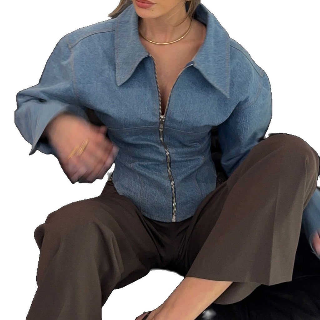 Lapel denim waist top