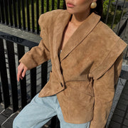 Suede shoulder padded suit jacket