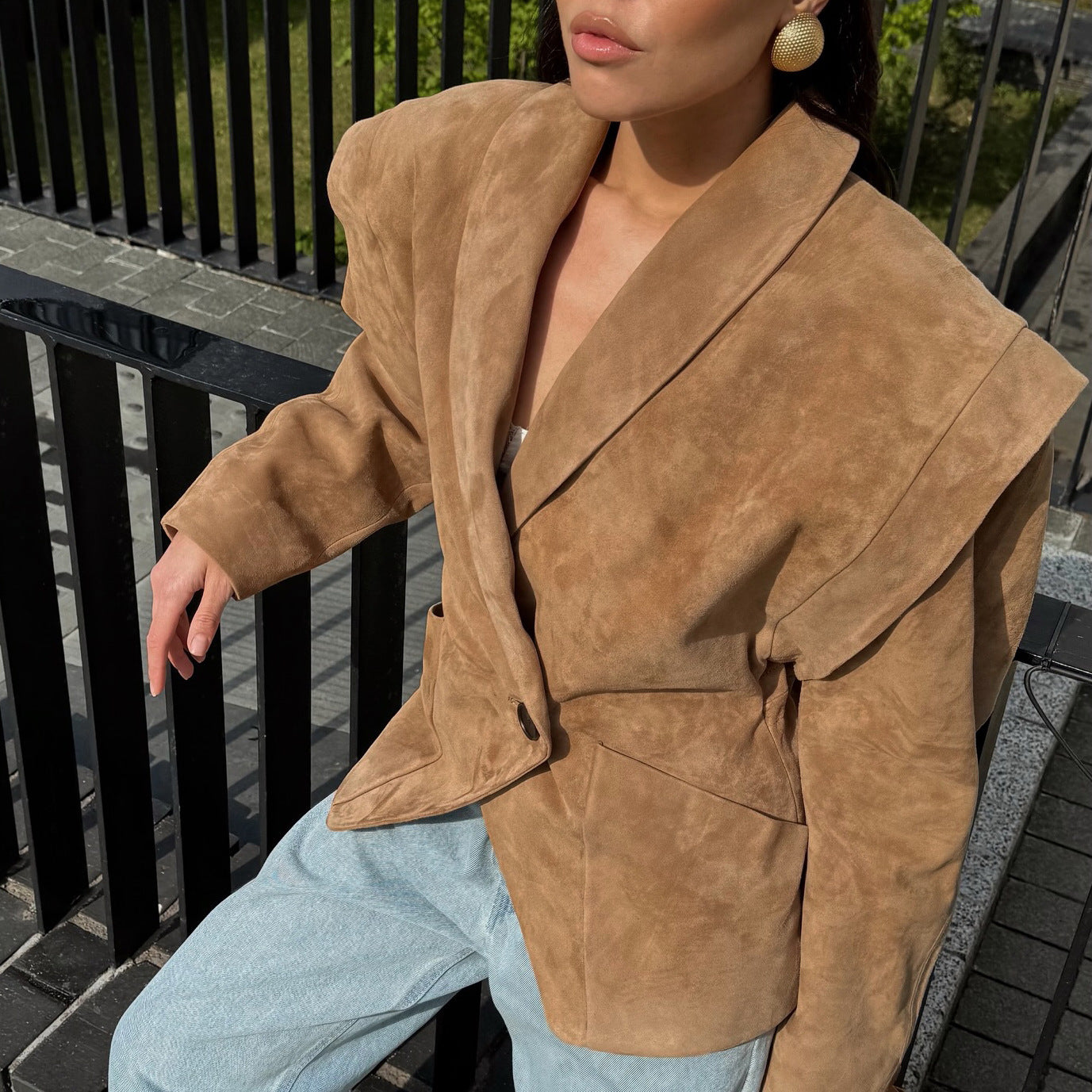 Suede shoulder padded suit jacket