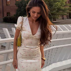 Floral V-neck tight waist dress