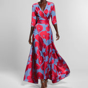 Temperament V-neck printed strap-up large skirt dress