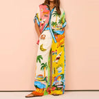 Printed Crew Neck Loose Bat Sleeve Waist Wide Leg Pants Fashion Suit