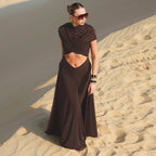 Solid color mesh splicing dress