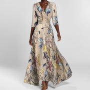 Temperament V-neck printed strap-up large skirt dress