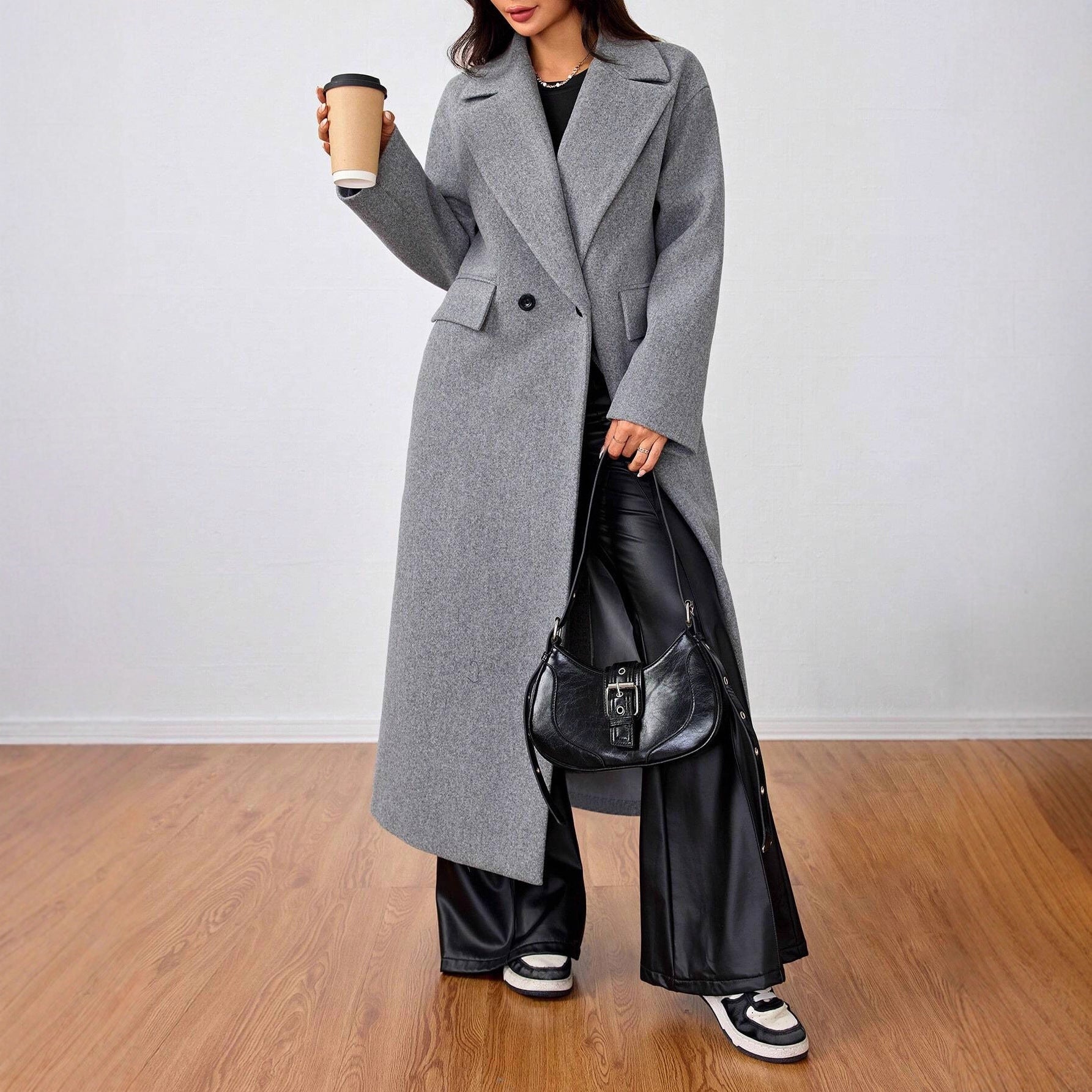 Solid color lapel long coat