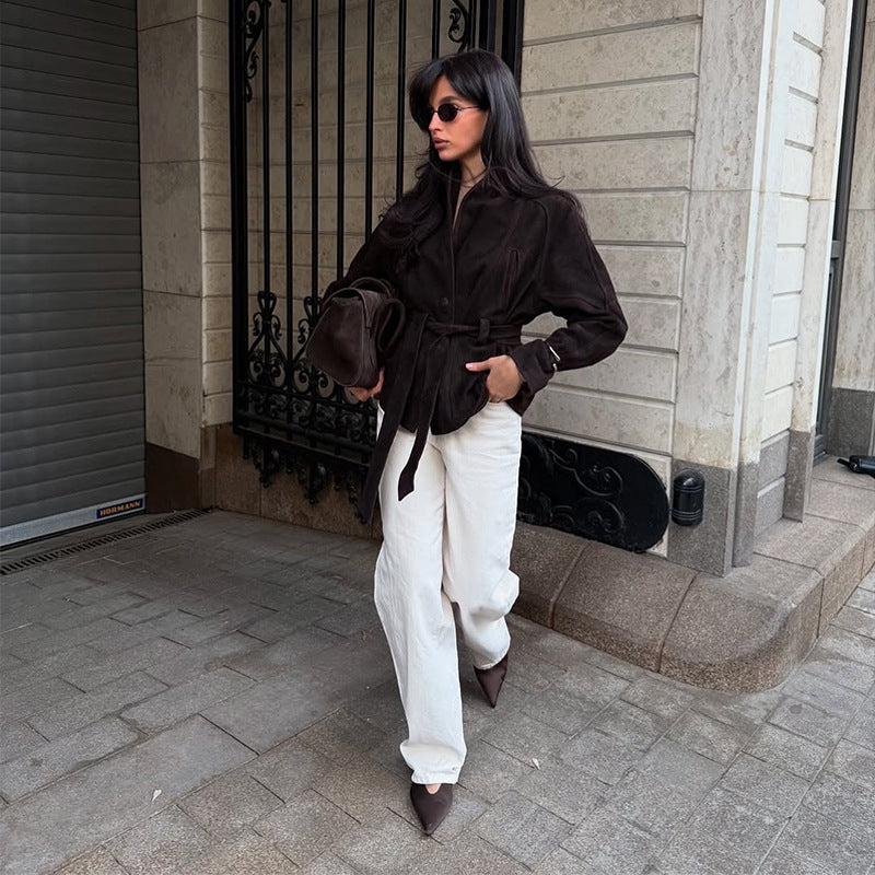 V-neck waist long-sleeved suede jacket