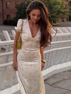 Floral V-neck tight waist dress