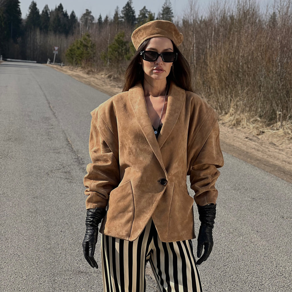 Suede shoulder padded suit jacket