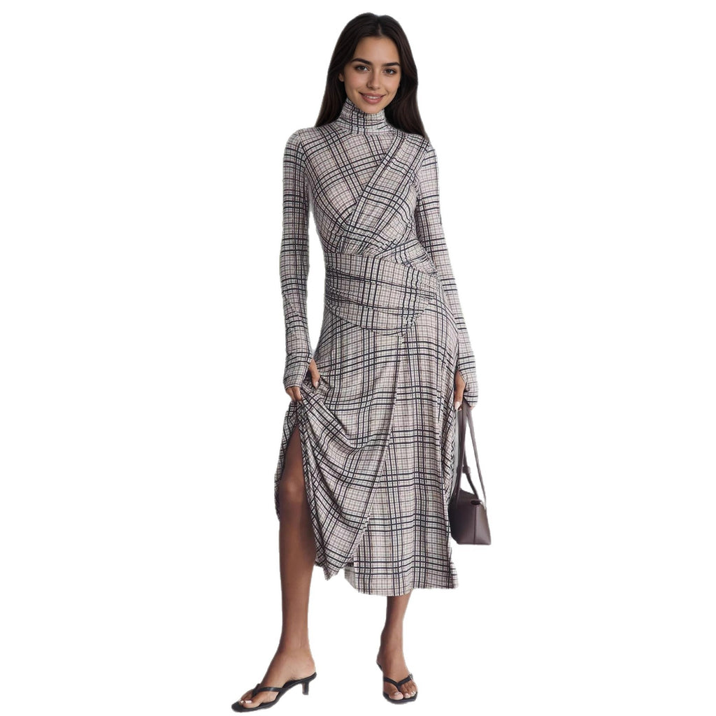 Stand-up collar long-sleeved plaid fabric pleated and thin casual dress