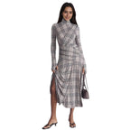Stand up collar long-sleeved plaid fabric pleated and thin casual dress