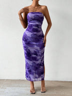 Mesh floral pleated sexy tight split strapless tube top dress