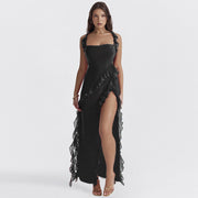 High end fungus edge patchwork forest slit dress