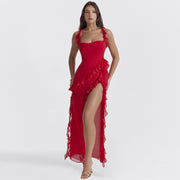 High end fungus edge patchwork forest slit dress