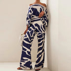 Printed Crew Neck Loose Bat Sleeve Waist Wide Leg Pants Fashion Suit