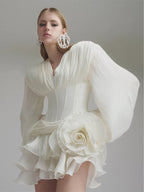 Court style V-neck bubble sleeve three-dimensional flower dress