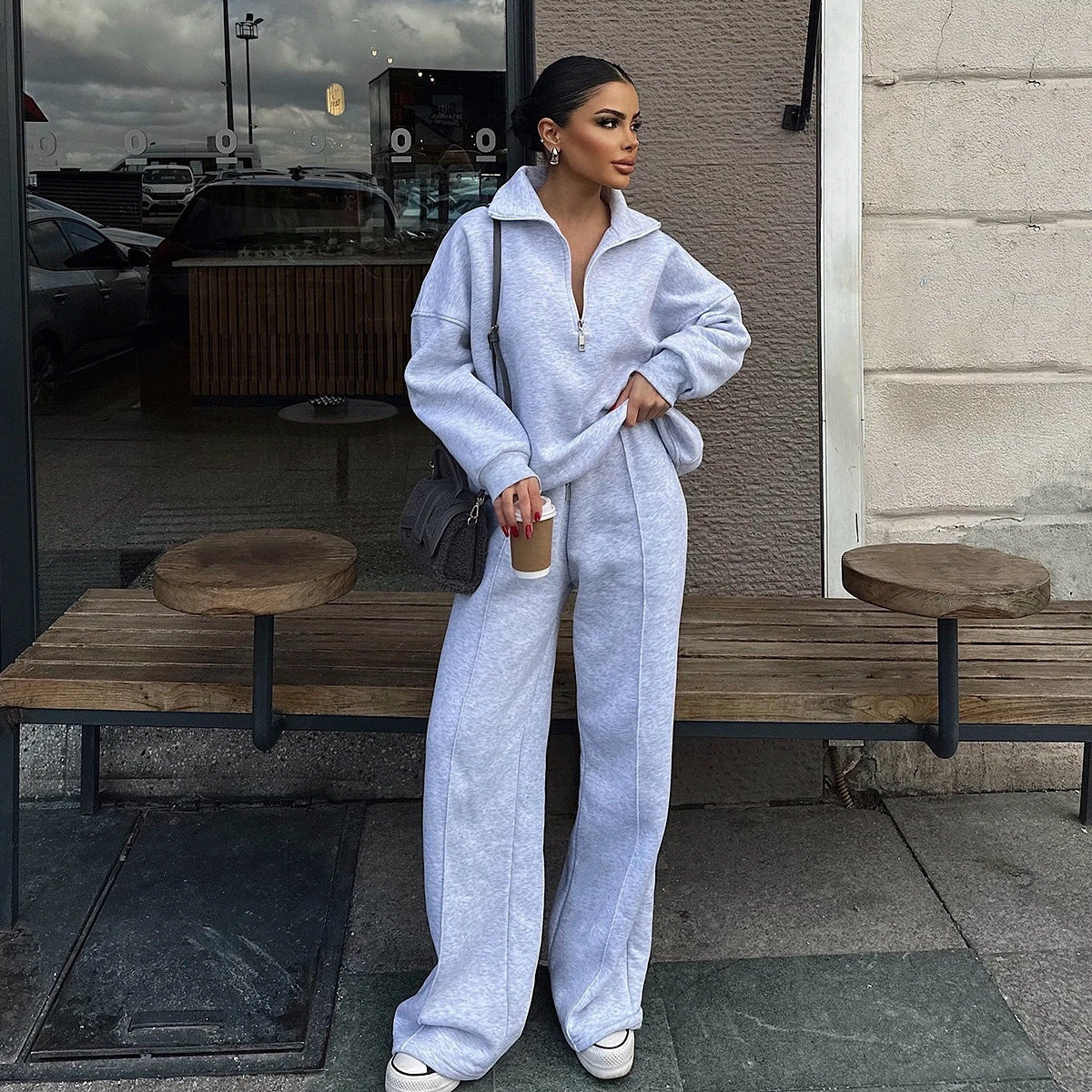 Half open pullover sweater trousers