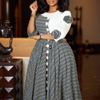 Temperament elegant round neck seven-quarter sleeve print splicing dress