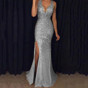 New slit broken foil dress long skirt evening dress