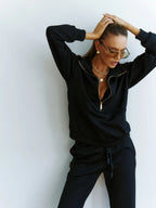 Solid color long sleeved zipper loose top lace up trousers