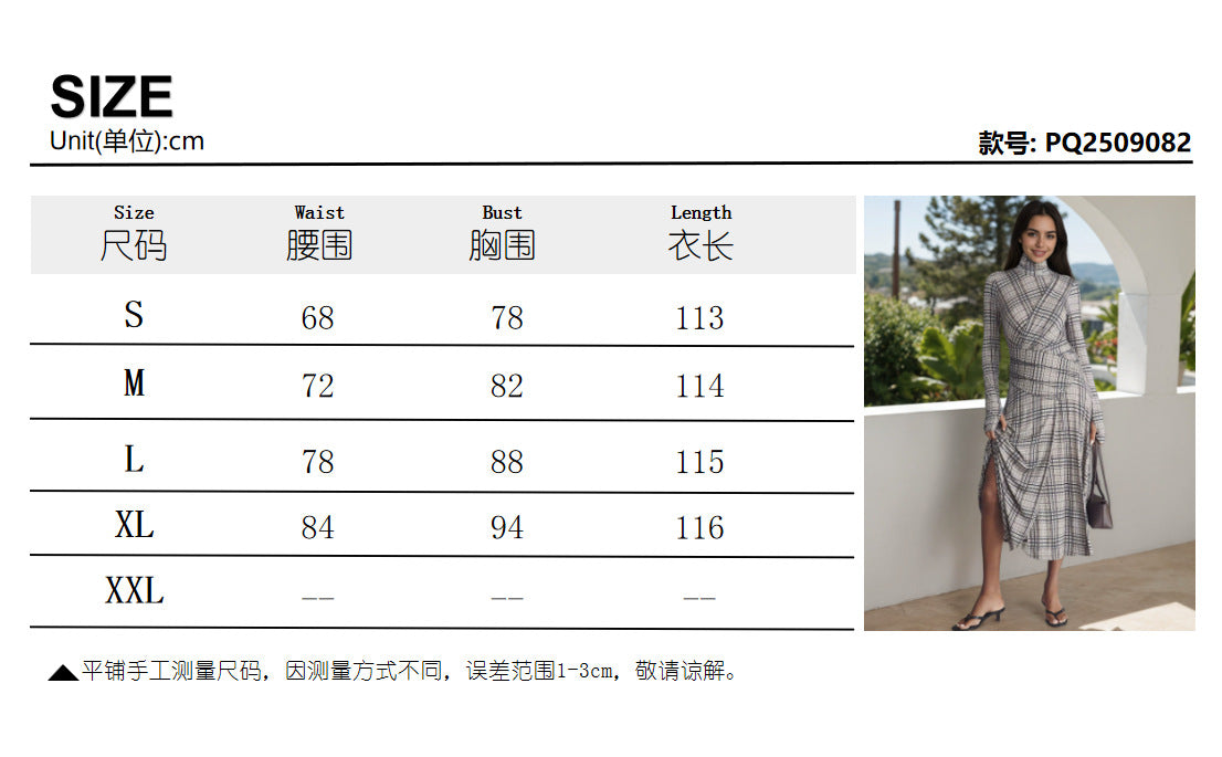 Stand-up collar long-sleeved plaid fabric pleated and thin casual dress