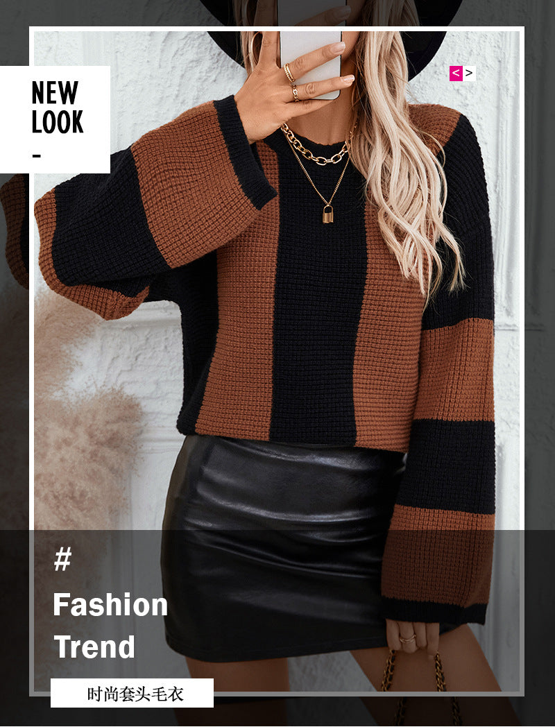 Loose crew neck knitted sweater contrasting colors