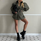 Stand up collar multi-pocket design cocoon waist jacket