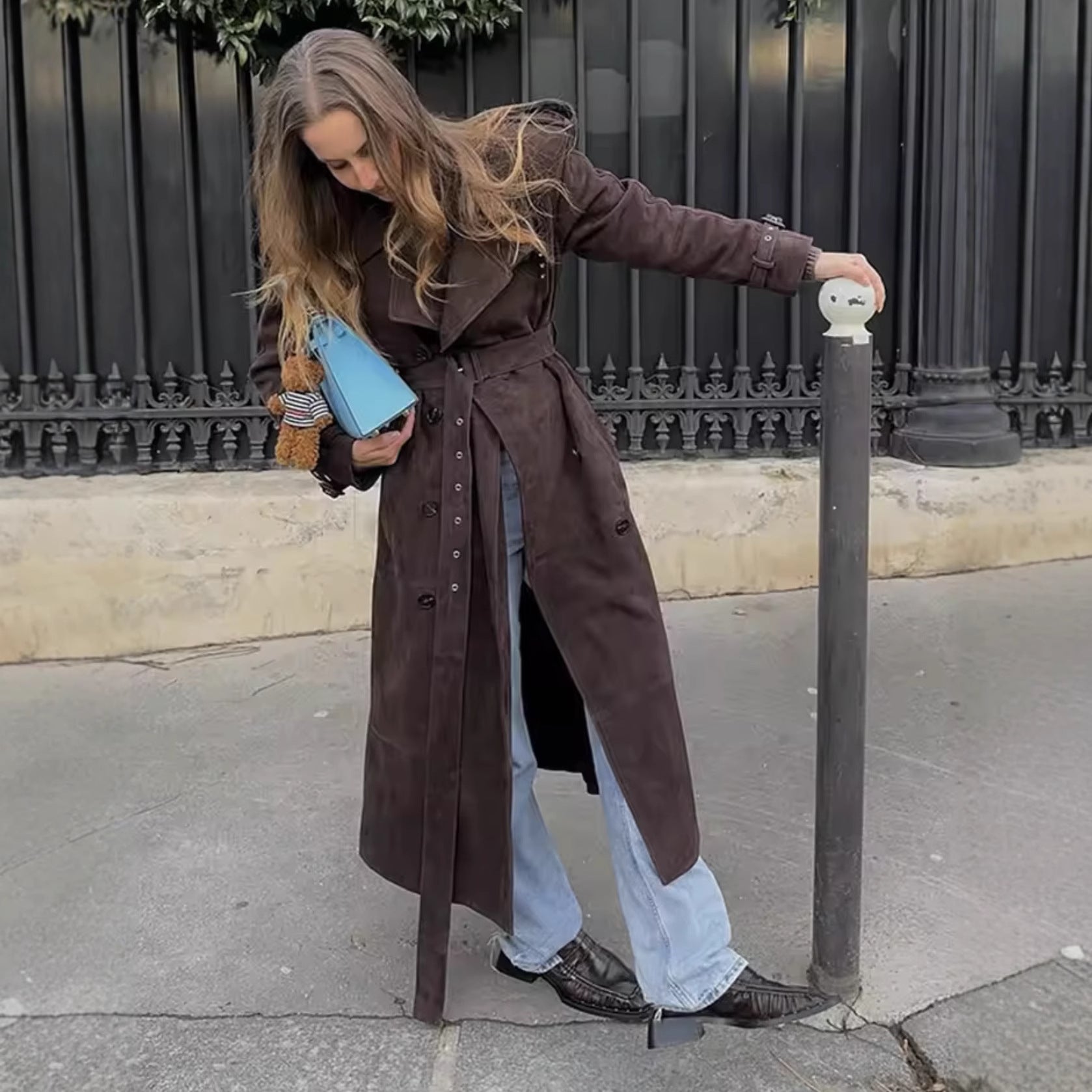 Loose woolen medium and long trench coat