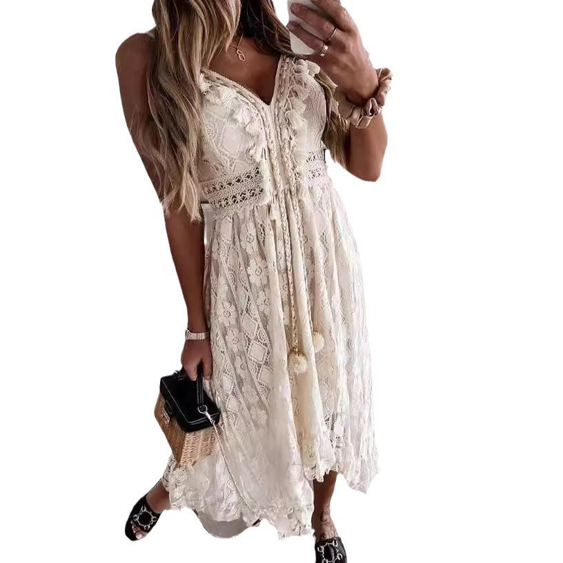 Lace suspender pendulum solid color dress