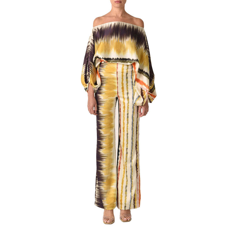 Printed Crew Neck Loose Bat Sleeve Waist Wide Leg Pants Fashion Suit