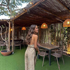 Printed sleeveless lace up top & wide-leg pants set