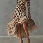 Long Sleeve V-Neck Digital Printing Stone Pattern Splicing Mesh Dress