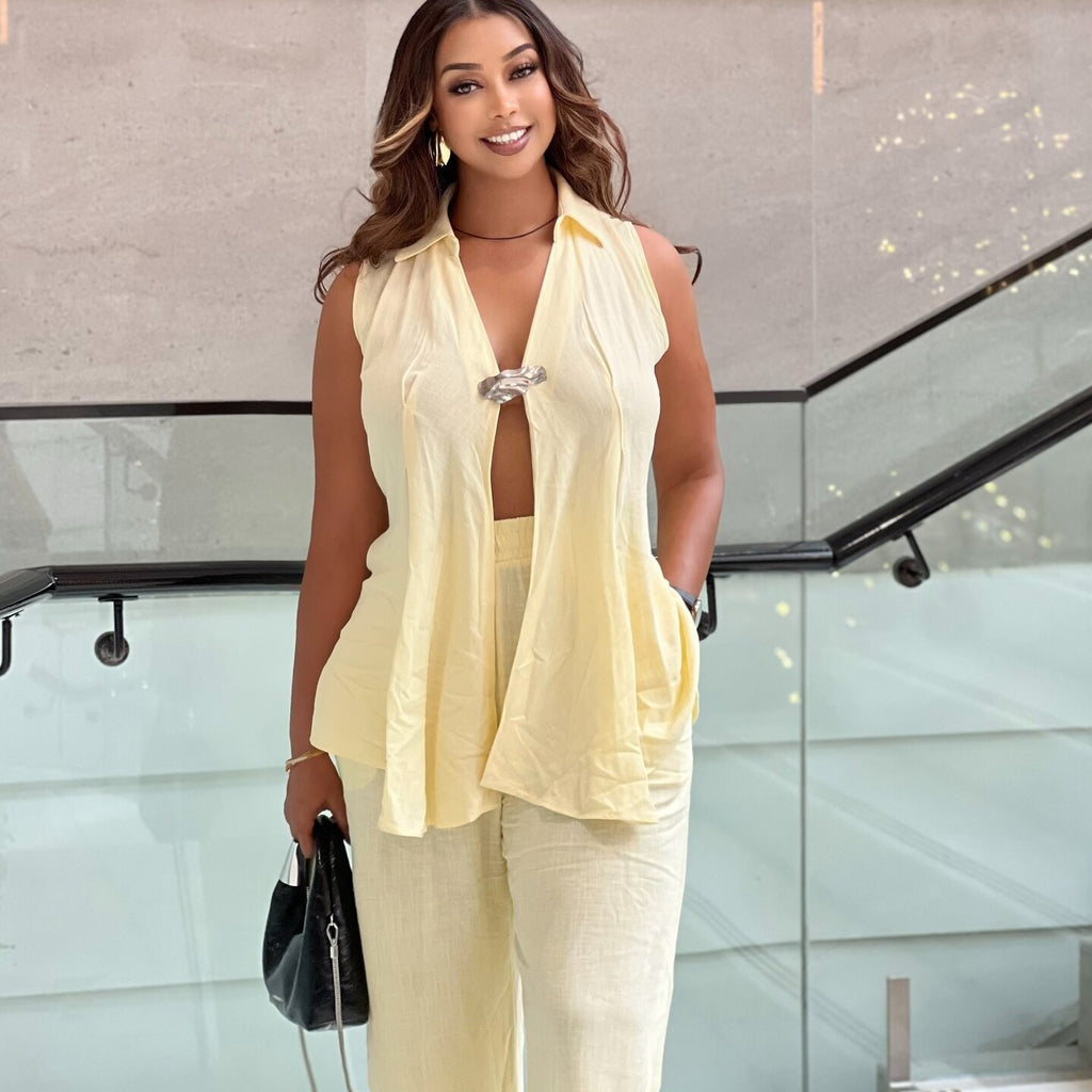 New temperament sexy lapel sleeveless top straight trousers two-piece set