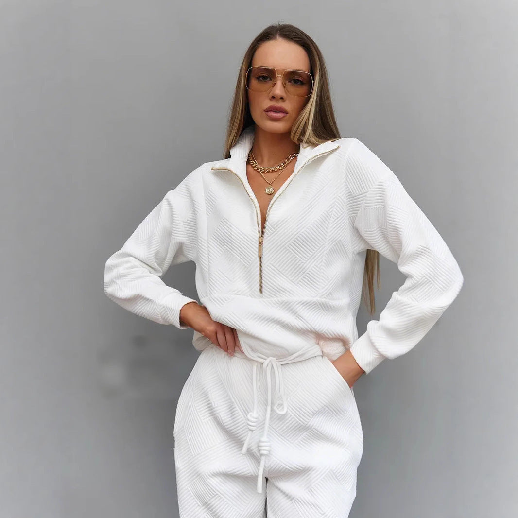 Solid color long sleeved zipper loose top lace up trousers