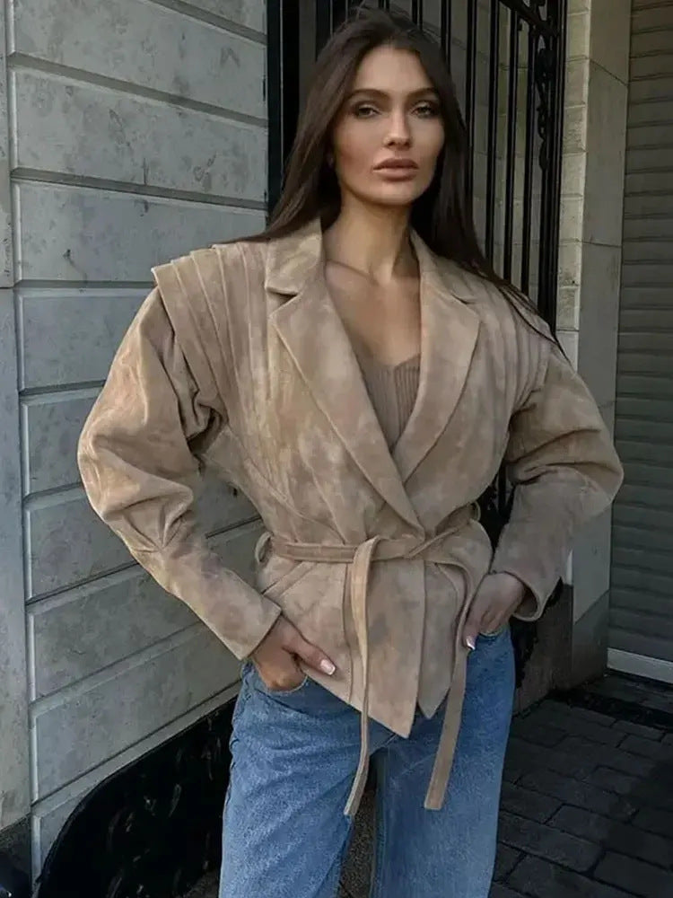 Suede slim jacket with waist straps