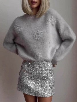 Solid color crew neck knitted jacquard sweater