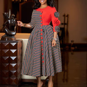 Temperament elegant round neck seven-quarter sleeve print splicing dress