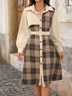 Vintage shirt collar plaid dress coat