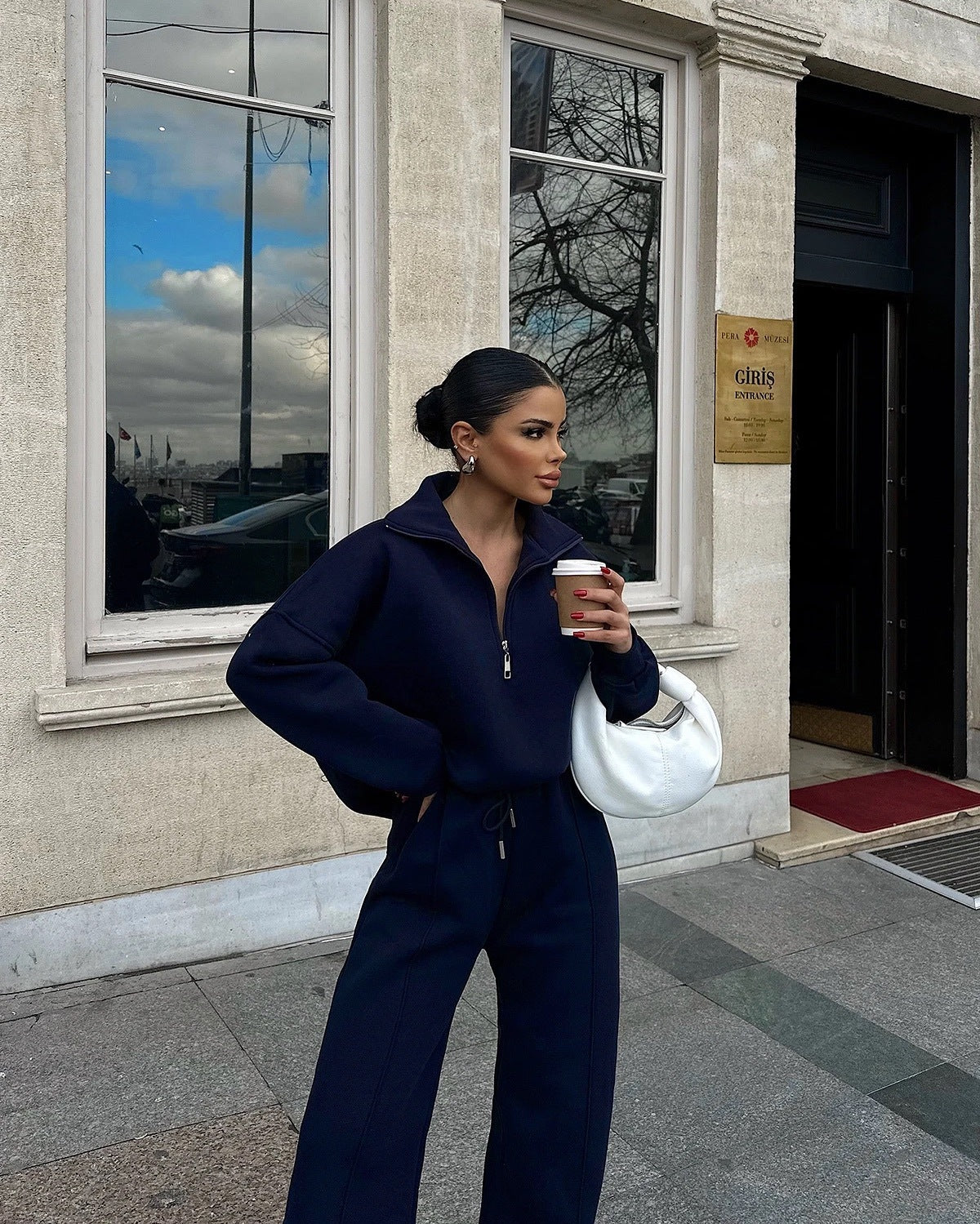 Half open pullover sweater trousers