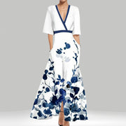 Temperament V-neck printed strap-up large skirt dress